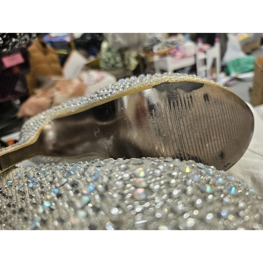 Shierrt Women's Silver Rhinestone Platform Heels Round Toe Slip-On Size 6